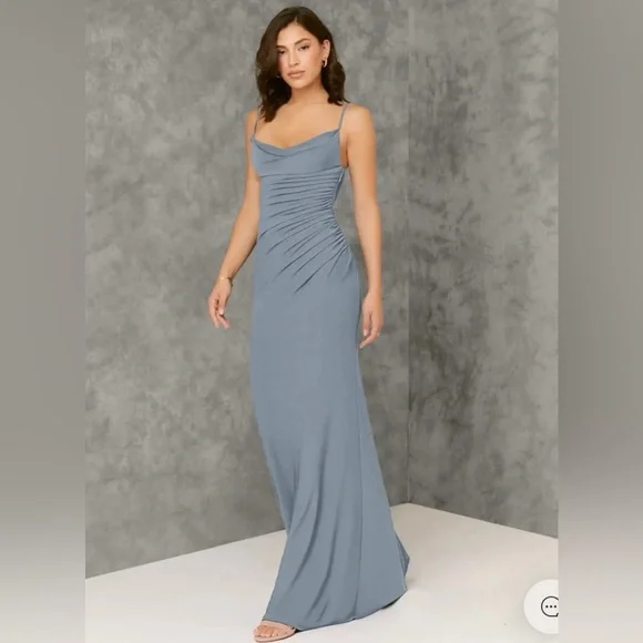 Azazie Sophisticated Gray Draped Midi Dress - Picture 3 of 16